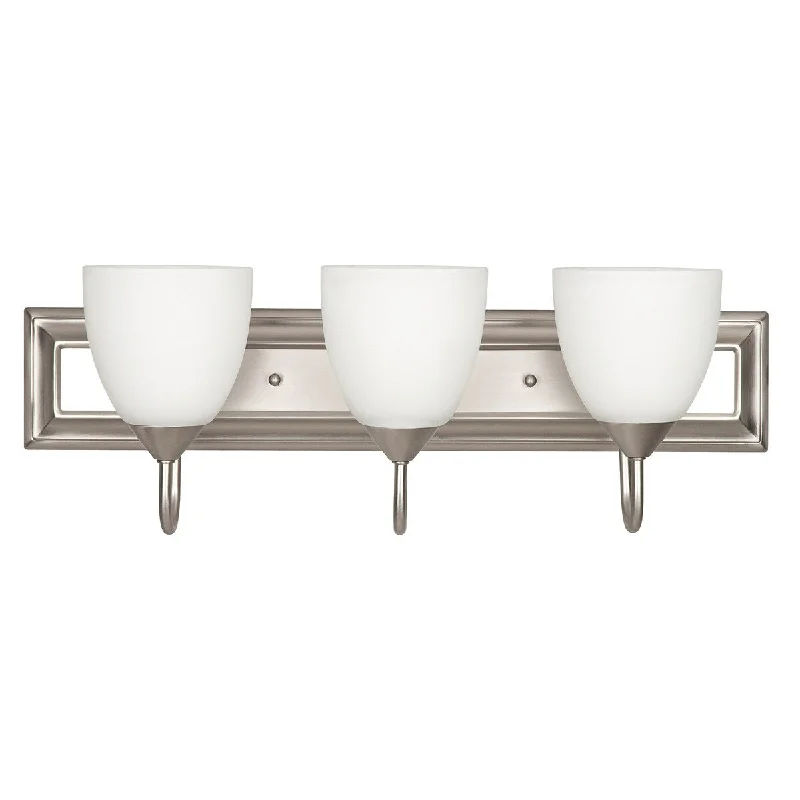 Sunset Lighting Three Light Vanity - Round Milk Glass Dimmable - With Satin Nickel Finish