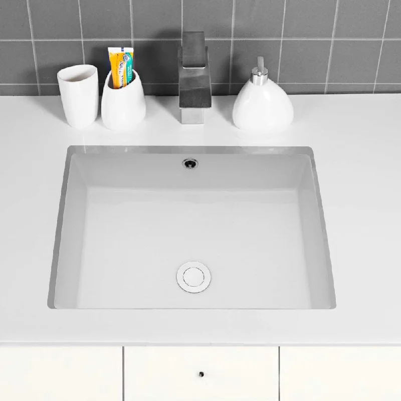 White Ceramic Rectangular Undermount Bathroom Sink with Overflow