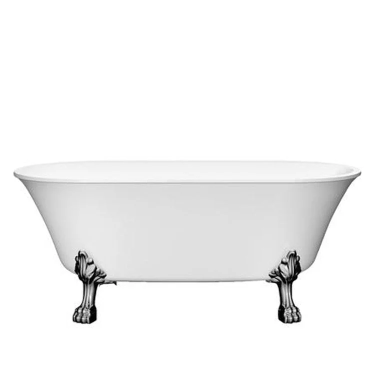 Freestanding Tub Cher 63 Inch Oval Acrylic White/Brushed Nickel Lion Paw Feet No Faucet Holes