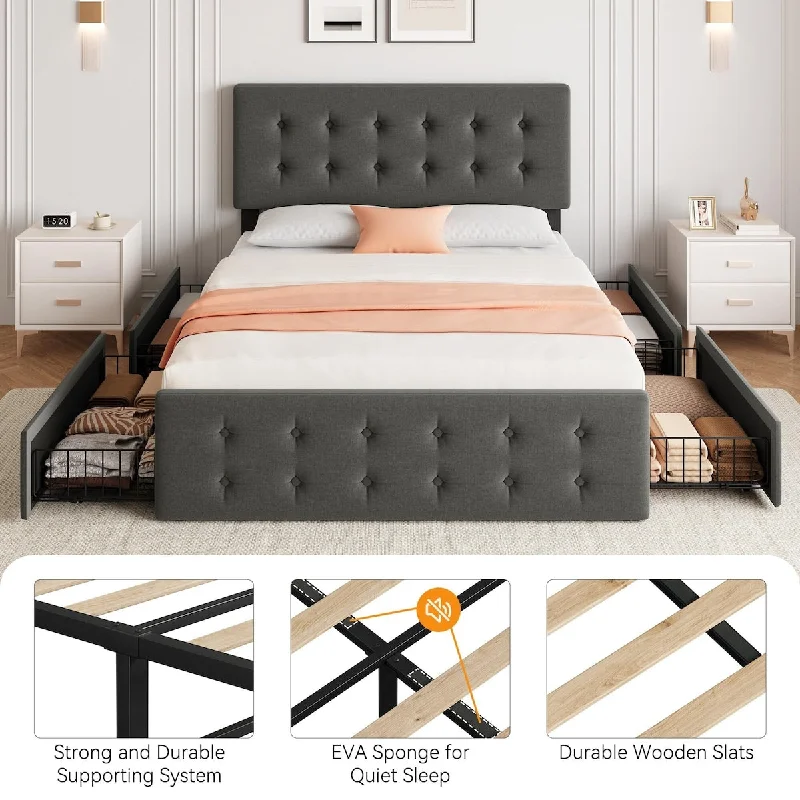 Bed Frame with 4 Storage Drawers and Headboard