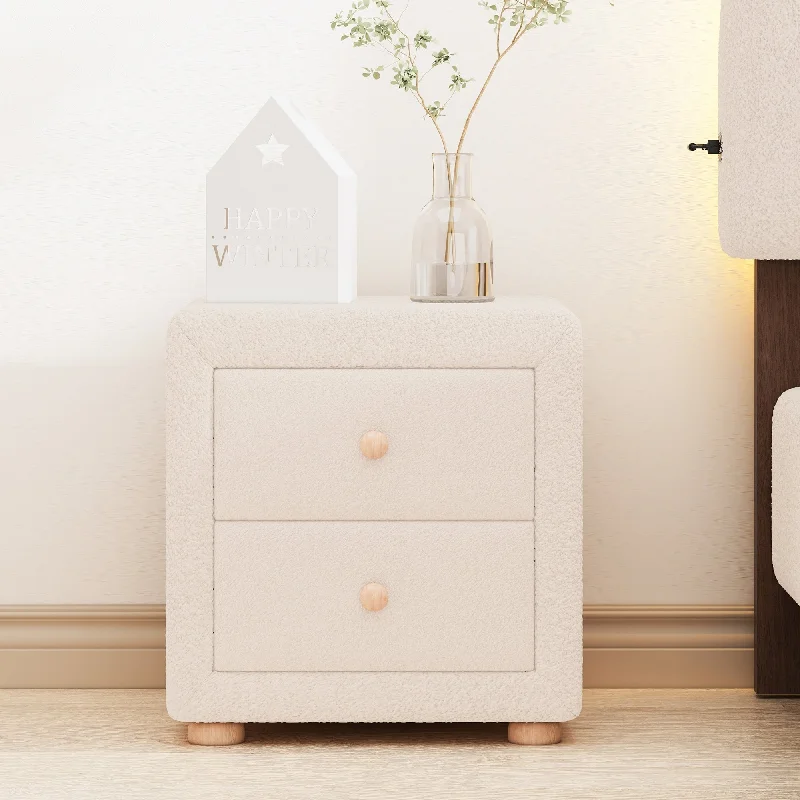 Beige Teddy Fleece Finish Nightstand, Side Table Storage Cabinet with 2 Drawers, Bedroom Bedside Table, Condos Lamp Table