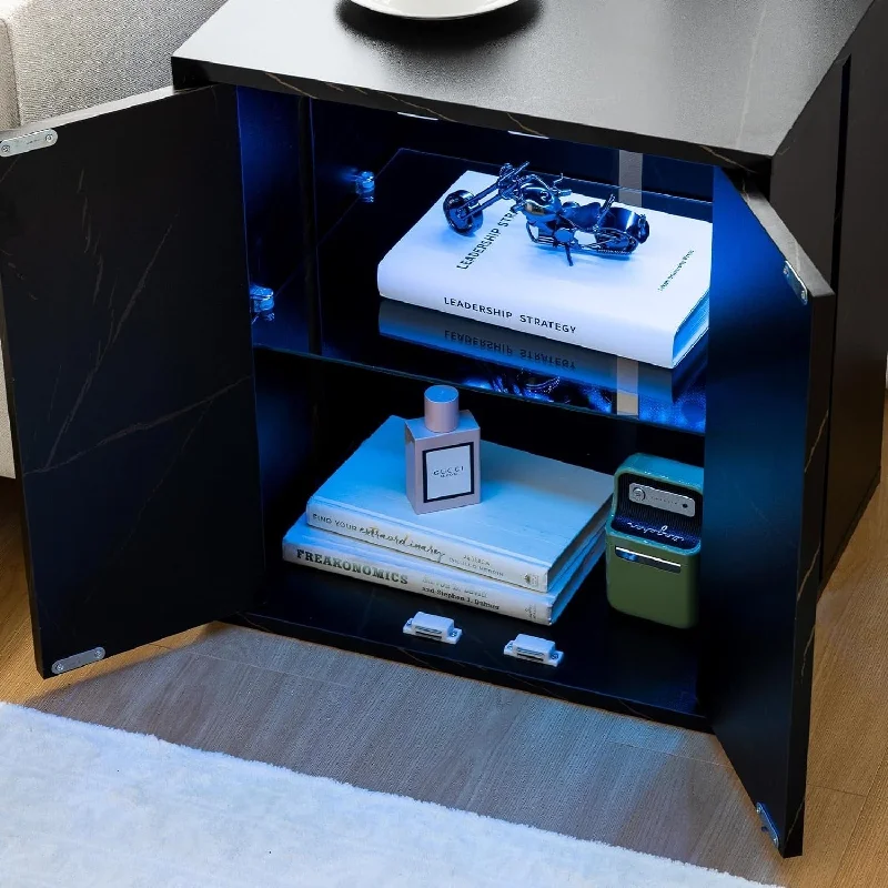 Black Bedside Tables with 16 Colors LED, Nightstand Tables with Glass Shelves, Storage Cabinet End Table for Living Room