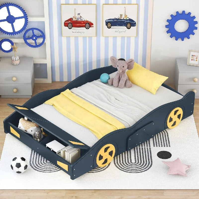 Dark Blue Full Race Car Platform Bed with Hidden Storage