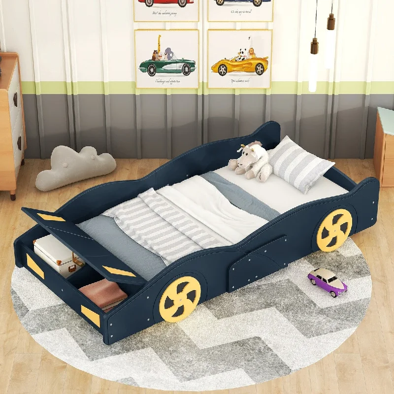 Dark Blue Twin Race Car Platform Bed with Hidden Storage