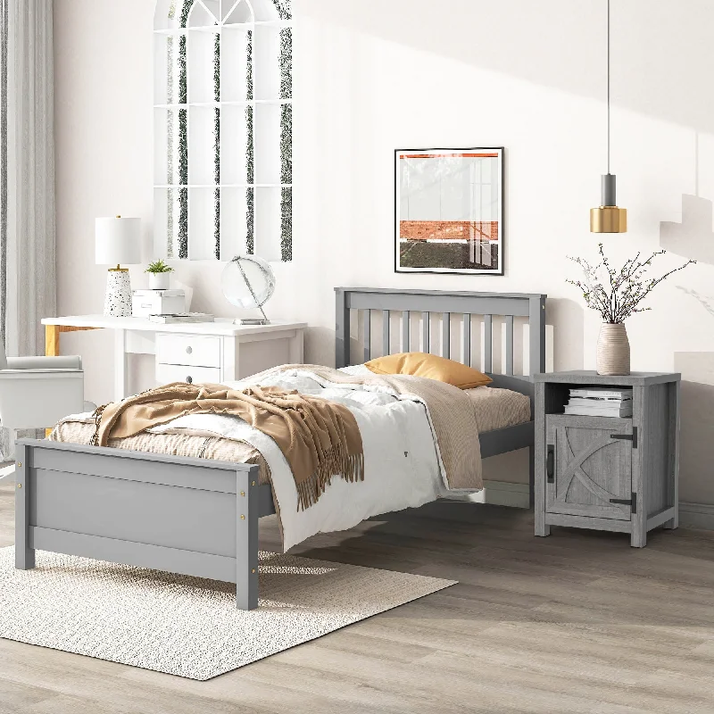 Farmhouse Grey Barn Door Nightstand Bedside Table Set of 2 with Open Compartment