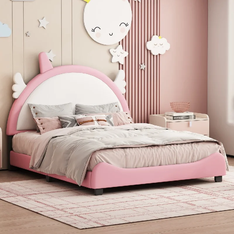 Full PU Upholstered Platform Bed with Unicorn Headboard