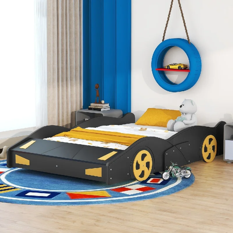 Full Race Car-Shaped Platform Bed Frame w/ Wheels & Storage, Black