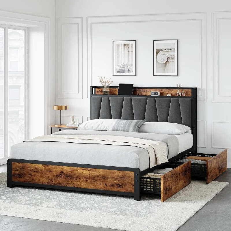 Full Size Bed Frame with 4 Storage Drawers and Linen Upholstered Headboard