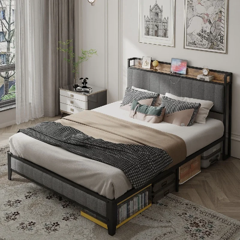 Full Size Bed Frame with Upholstered Headboard, Metal Platform