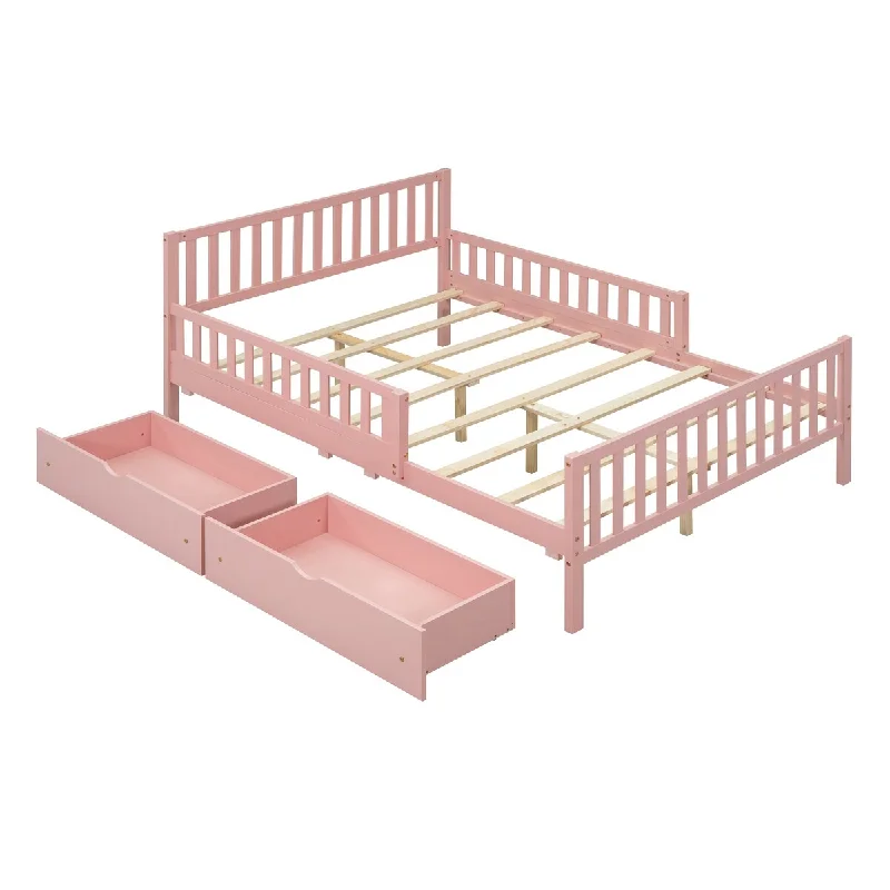 Full Size Platform Bed with Guardrails and 2 Storage Drawers