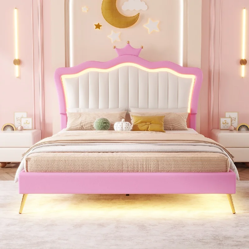 Full Size Upholstered Bed Frame with LED Lights and Crown Headboard