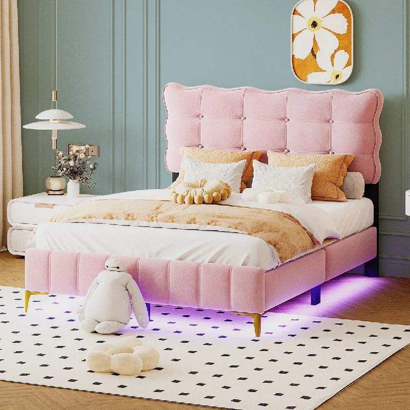 Full Size Velvet Platform Bed with LED Frame and Stylish Mental Bed Legs, Pink