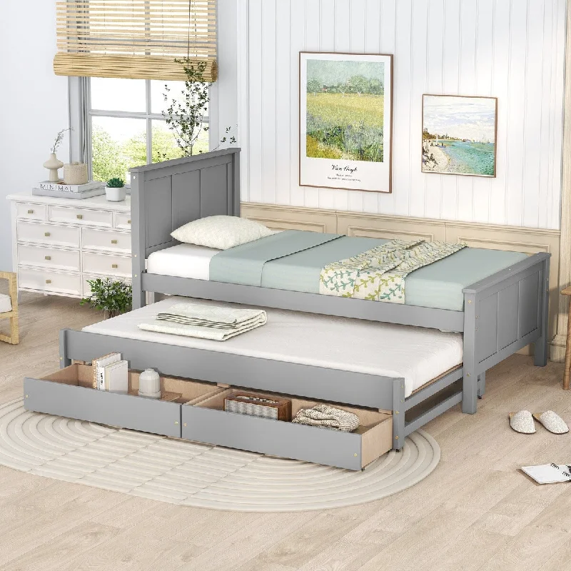 Gray Twin Platform Bed with Trundle, 2 Drawers, Pine Frame