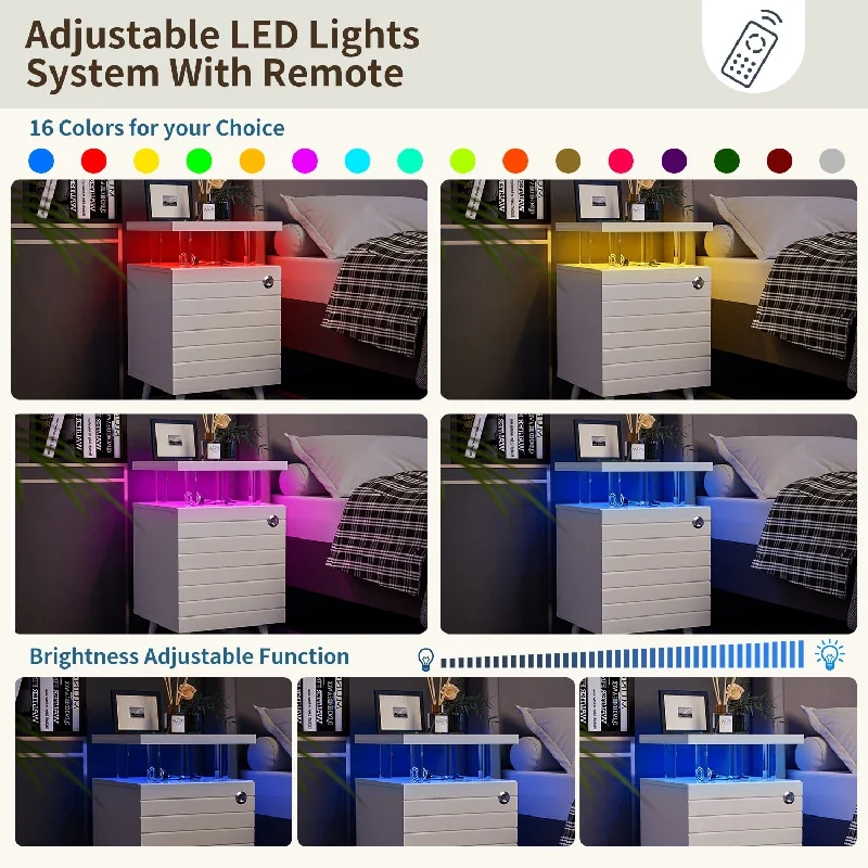 LED Nightstand White Bedside Table, Storage Bed Side Table, Bedroom Living Room End Tables with 4 Acrylic Columns & 2 Drawers