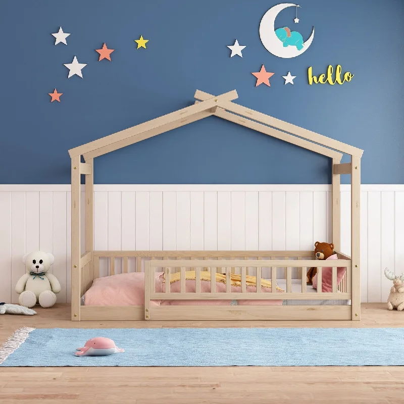 Natural Twin Playhouse House Bed with Fence, Roof, Pine Frame