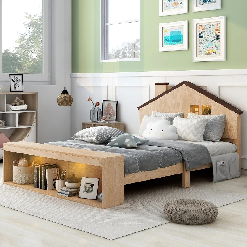 Natural Wood LED Platform Bed with Storage, House Headboard, Footboard