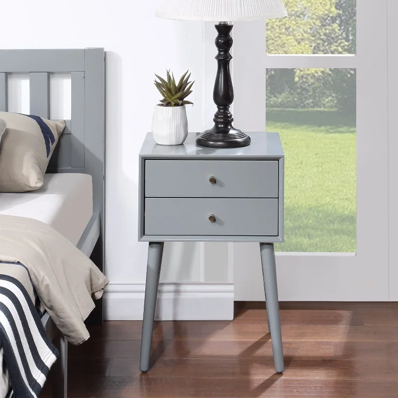 Nightstand Gray Finish Side Table Bedroom 2-drawers Storage Bedside End Table, Night Stand with Tapered Solid Wood Legs