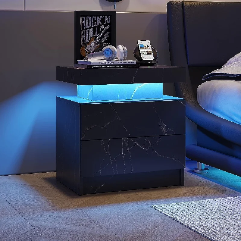 Nightstand LED Bedside Table - Cabinet Built-in Adjustable LED Lights, Modern End Table with 2 Drawers Storage Cabinet, Black