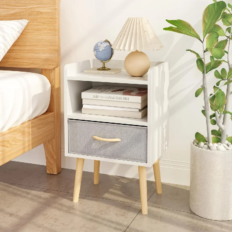 Nightstand With Collapsible Fabric Drawer, 2-Tier Storage End Table, Wood Side Table with Storage Cabinet for Bedroom