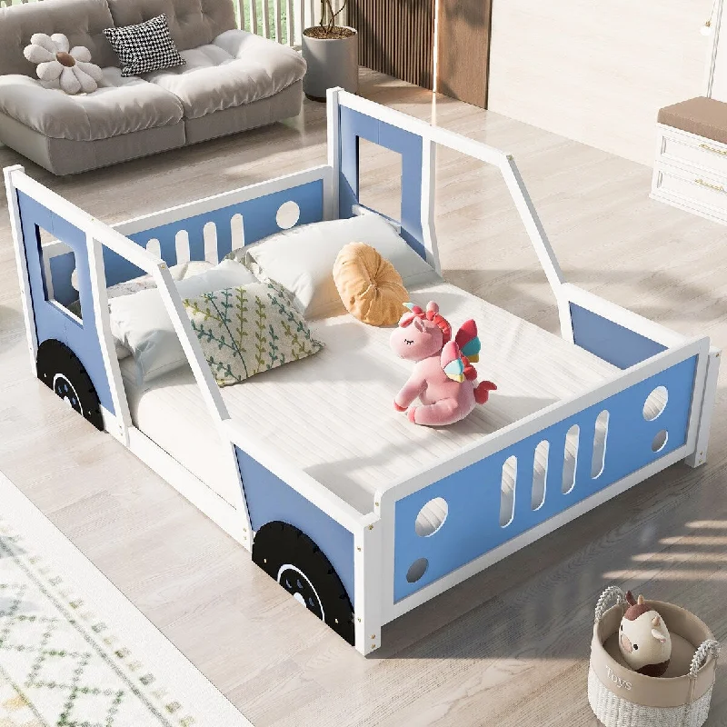 Pine Wood Car-Shaped Platform Bed with Wheels, Guardrails