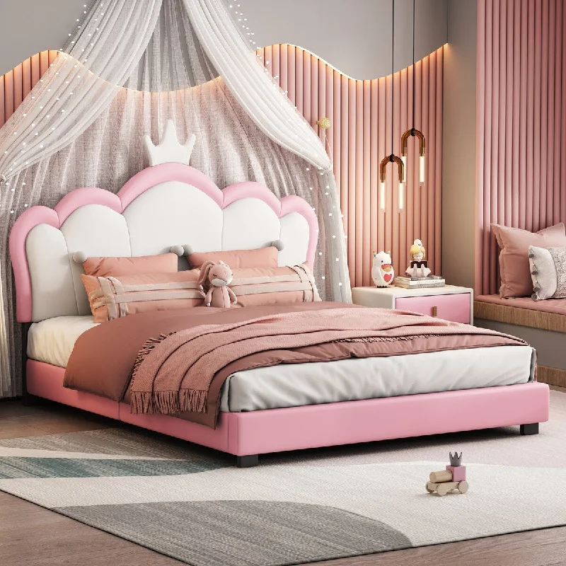 Pink+White Full Princess Platform Bed with Crown Headboard, Pine Frame