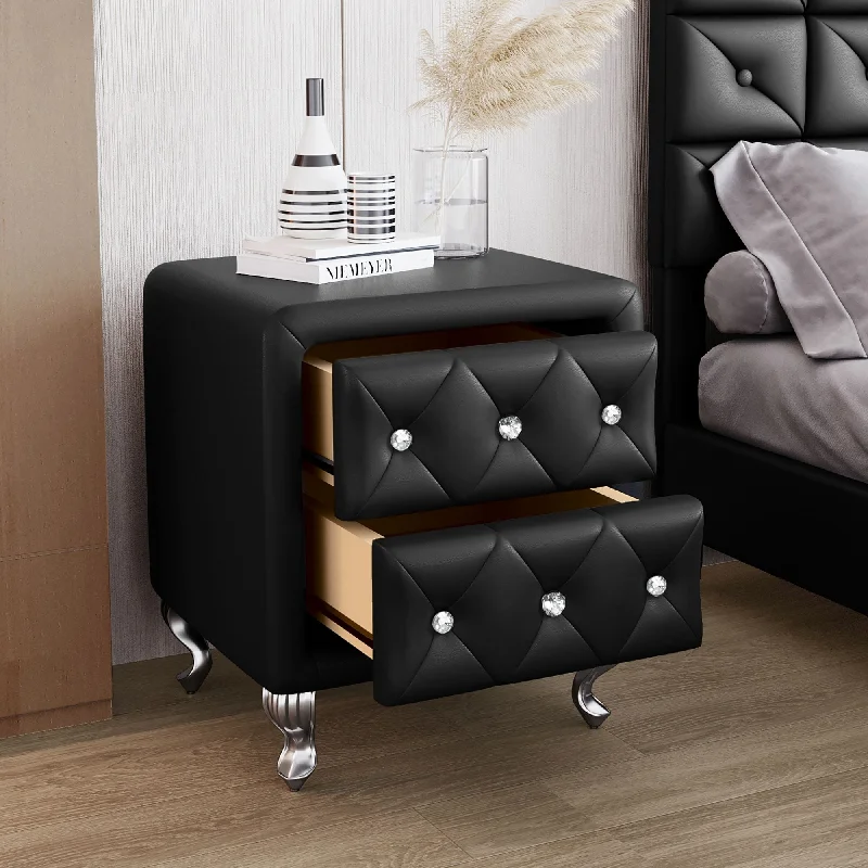 PU Accent Side Table Storage Nightstand, End Table Bedroom - Black