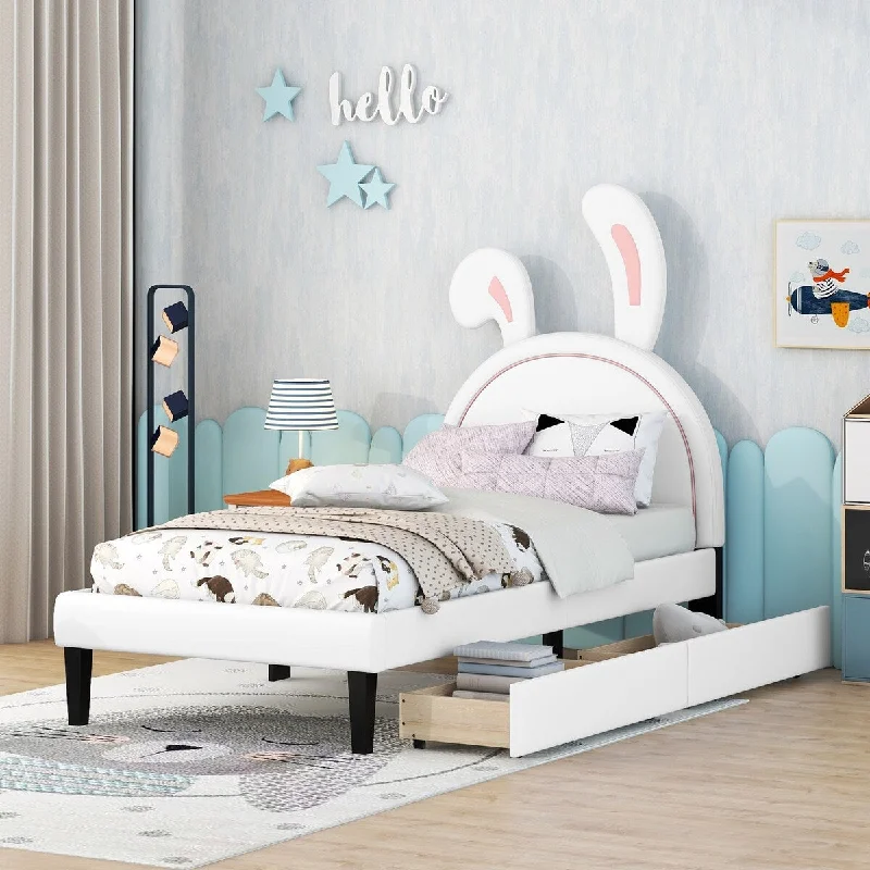 PU Leather Platform Bed with Rabbit Headboard, 2 Drawers