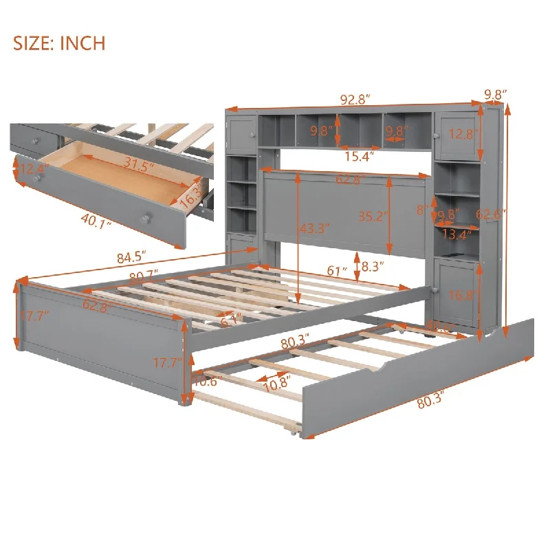 Queen Size Wooden Bed with Trundle, Cabinets, Shelf and Sockets