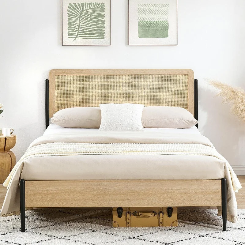 Rattan Platform Bed Frame with Rounded Corner Headboard