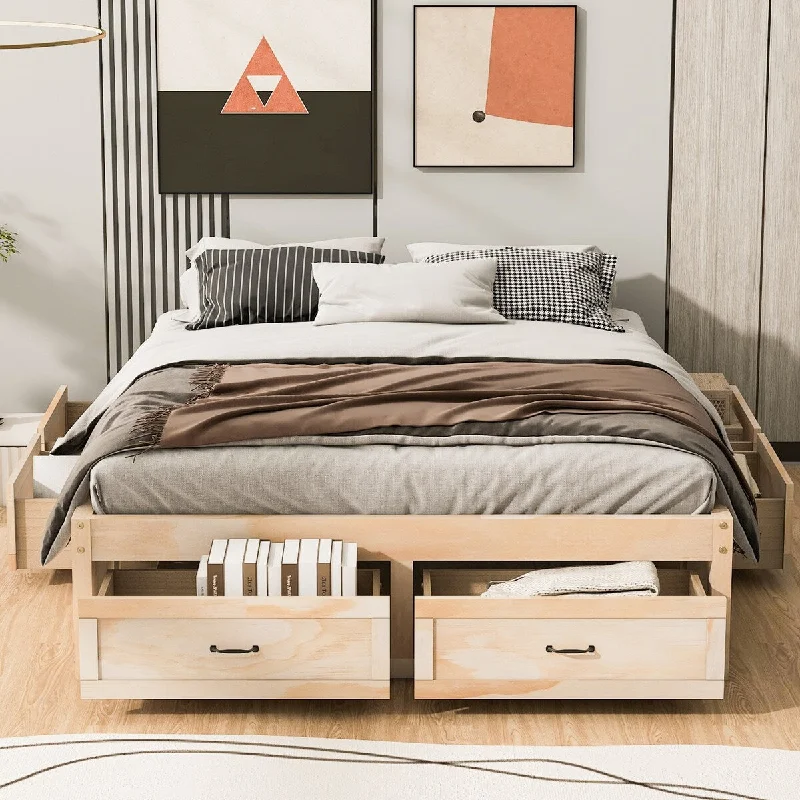 Retro Open Bed Frame Bed with 6 Pull-out Drawers Storage Bed