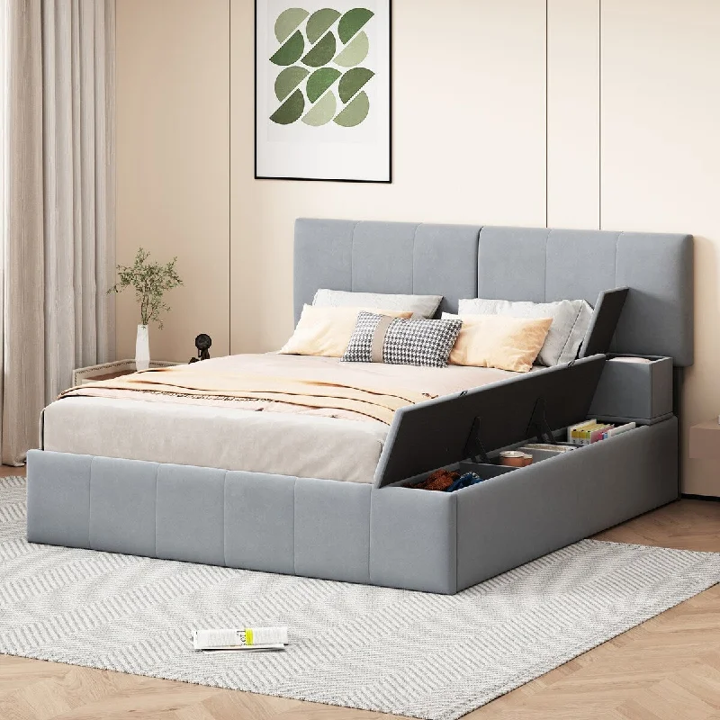 Roomfitters Queen Size Upholstered Platform Bed with Lateral Storage Compartments and Thick Fabric, Velvet