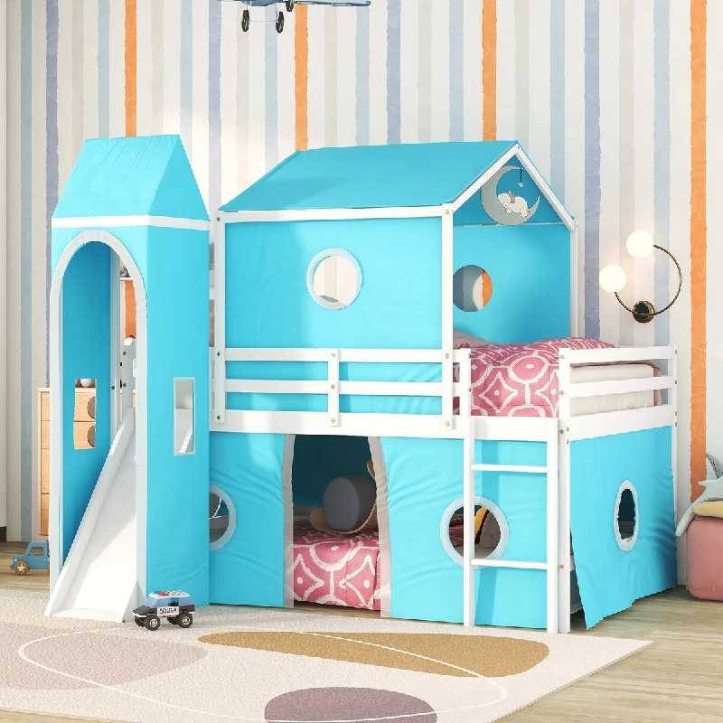 Semi-enclosed Full Size Bunk Bed Frame, Blue Wooden Playhouse Bed Frame with Slide Ladder & Tent and Tower for Kids