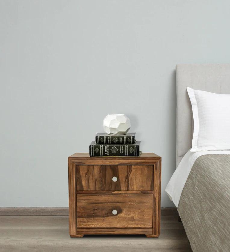 Sheesham Wood Bedside Table In Rustic Teak Finish With Drawers