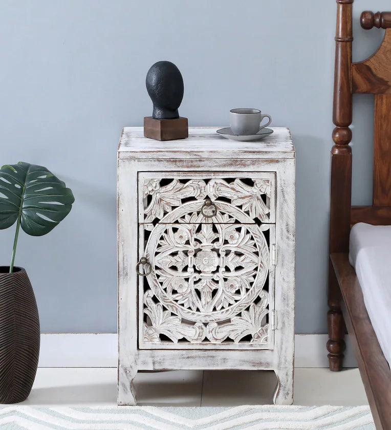 Solid Wood Bedside Table In White Distress Finish