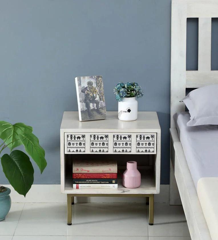 Solid Wood Bedside Table In Whitewash Finish With Drawer