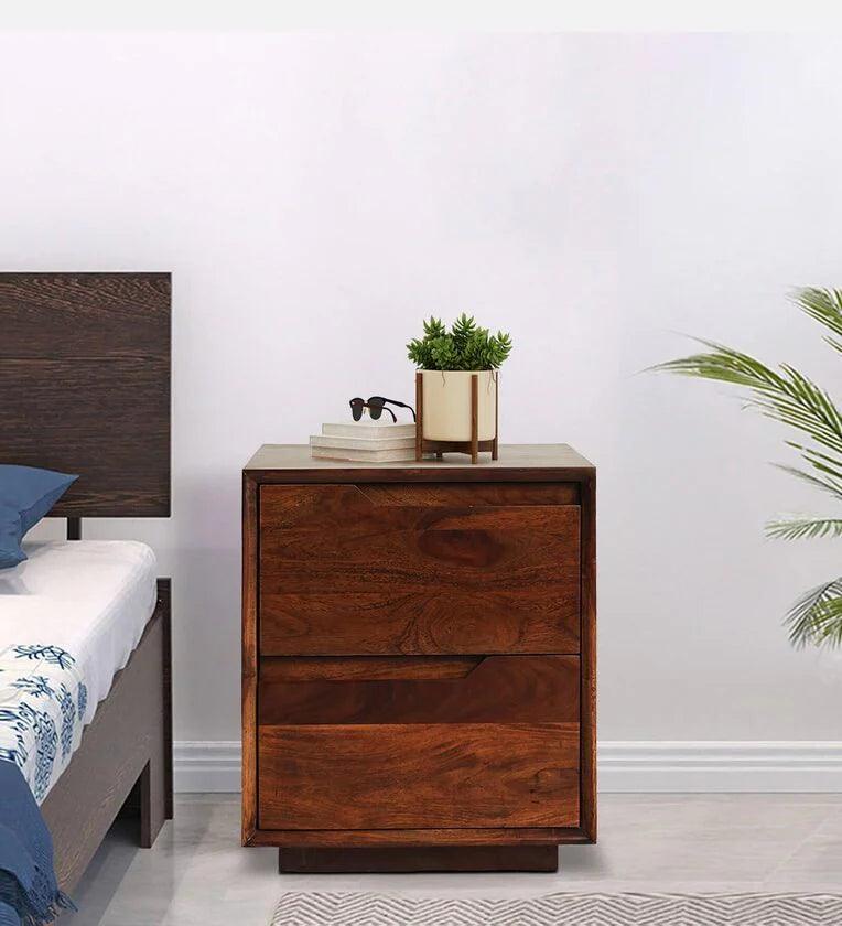 Solid Wood Bedside Table With Drawers in Walnut Finish