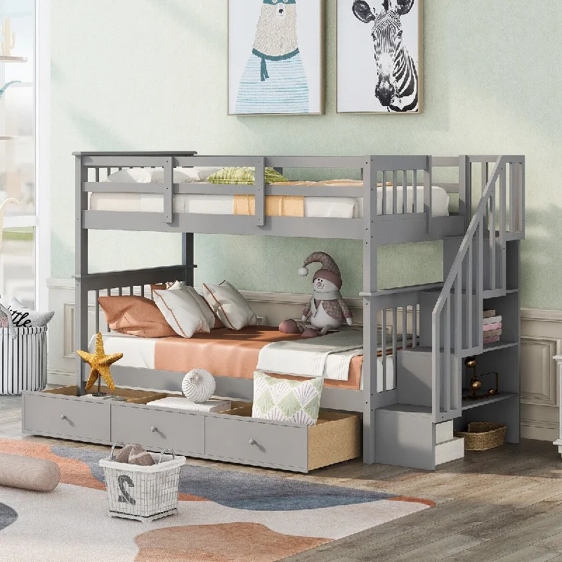 Twin over Twin Storage Bed Frame, Versatility Grey Wooden Bunk Bed Frame with 3 Drawers and Shelves, No Box Spring Required