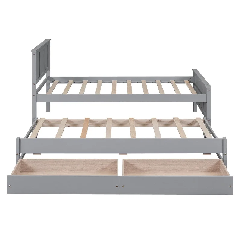 Twin Platform Bed with Trundle, 2 Drawers, Pine Frame