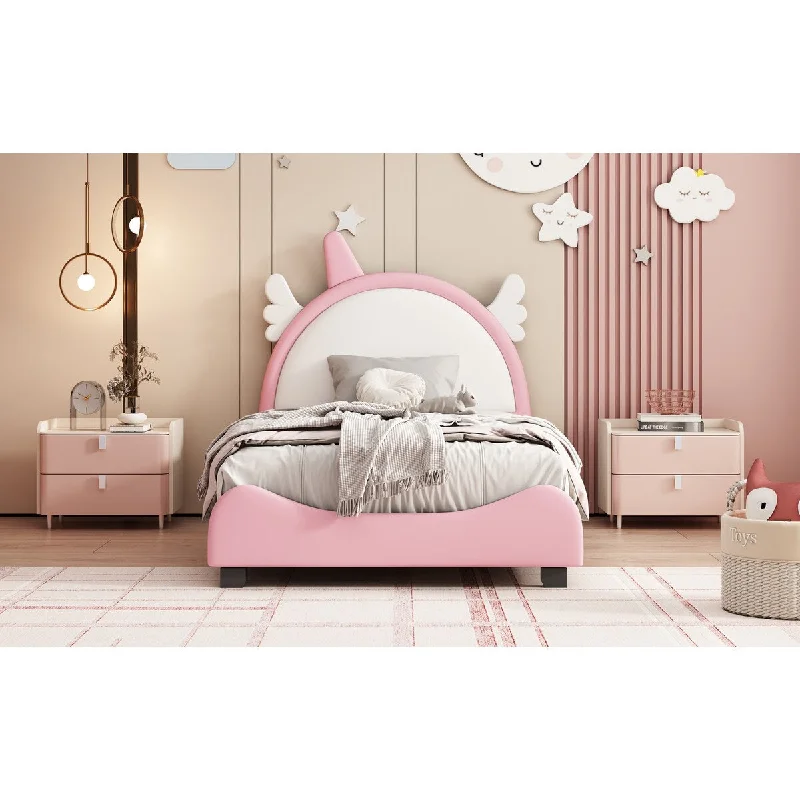 Twin PU Upholstered Platform Bed with Unicorn Headboard