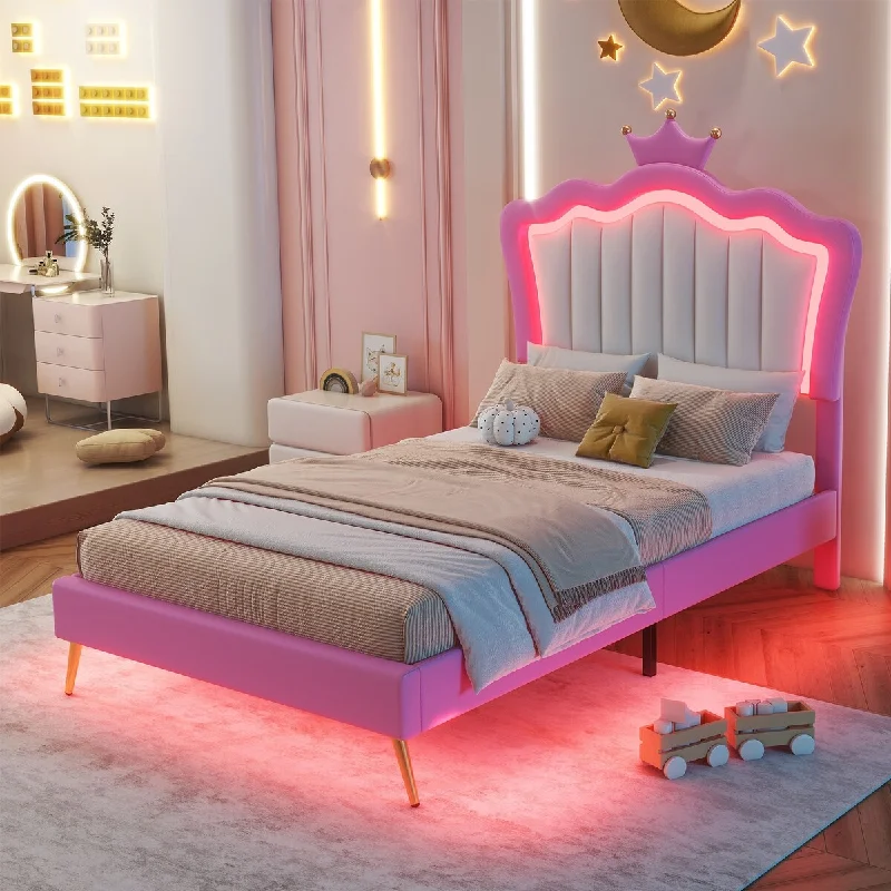 Twin Size Upholstered Bed Frame with LED Lights and Crown Headboard