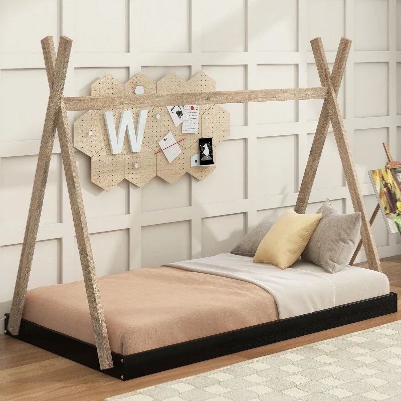 Twin Triangle Tent Floor Bed, Safe Platform, Pine Frame