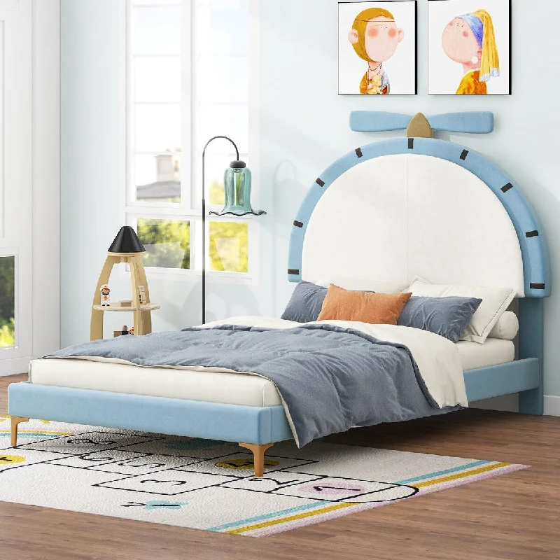 Upholstered Platform Bed with Alarm Clock Shaped Headboard, Blue