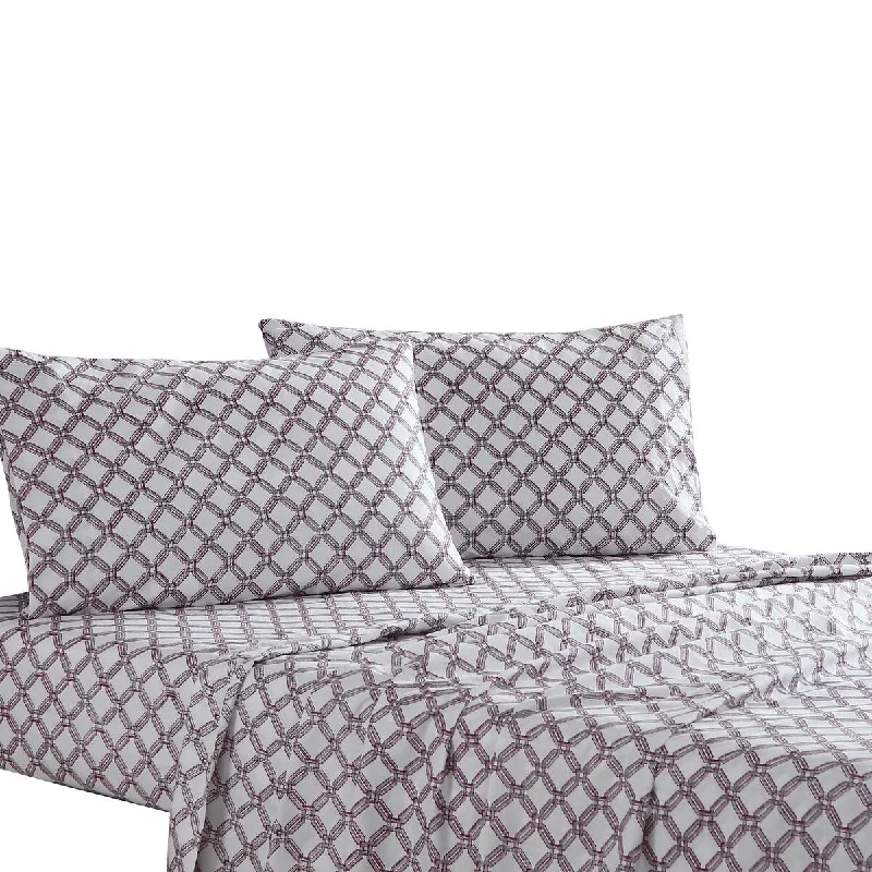 Veria 4 Piece King Bedsheet Set with Celtic Knot Print The Urban Port, White and Gray