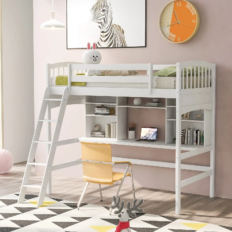 Versatility Twin size Loft Bed Frame with Shelves, Desk and Ladder, White Wooden Storage Bed Frame for Kids, Teens