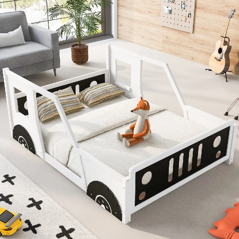 White Full Car-Shaped Platform Bed with Wheels, Guardrails