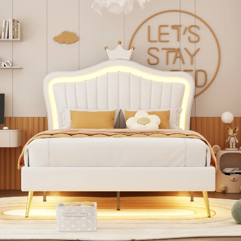 White Full Princess Platform Bed with LED Crown Headboard