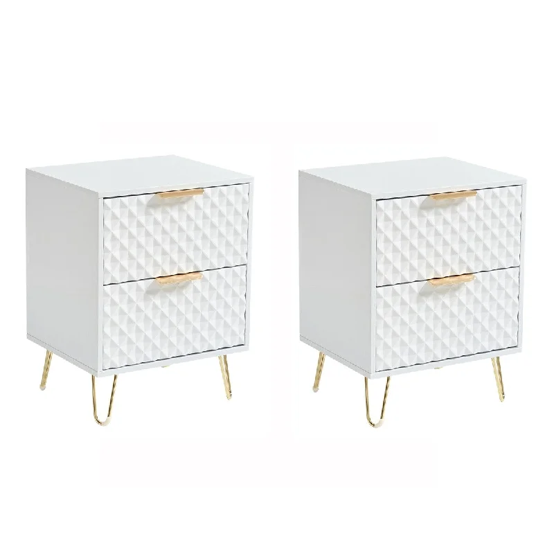 White Nightstand Set of 2, End Side Table Double, Bedside Table with 2 Drawers, Dual Night Stand Metal Legs