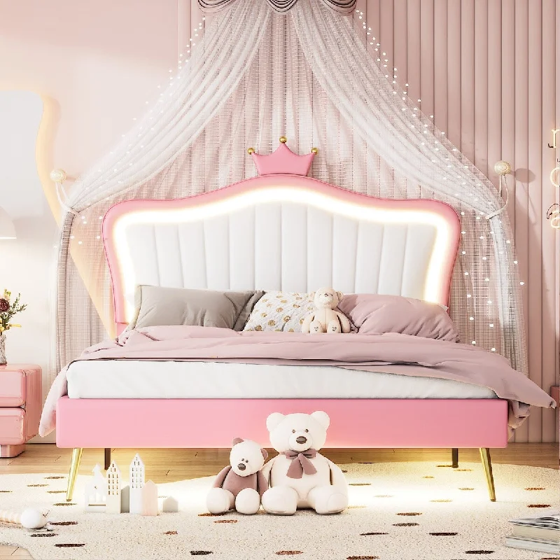 White+Pink Queen Princess Platform Bed with LED Crown Headboard