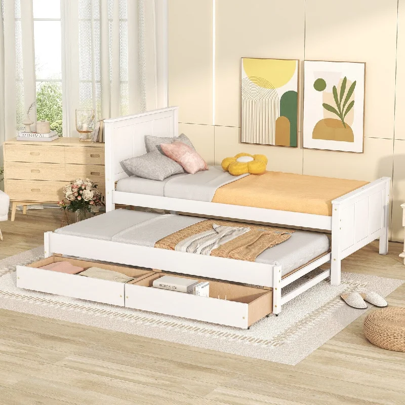 White Twin Platform Bed with Trundle, 2 Drawers, Pine Frame