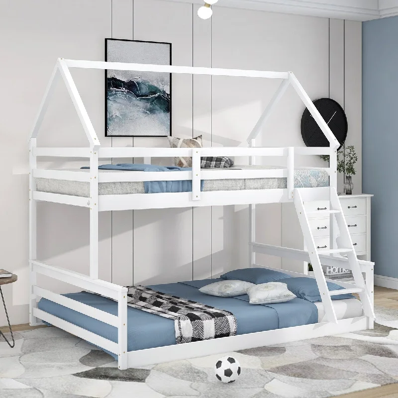 White Wood Twin-Full House Bunk Bed Frame w/ Ladder & Headboard